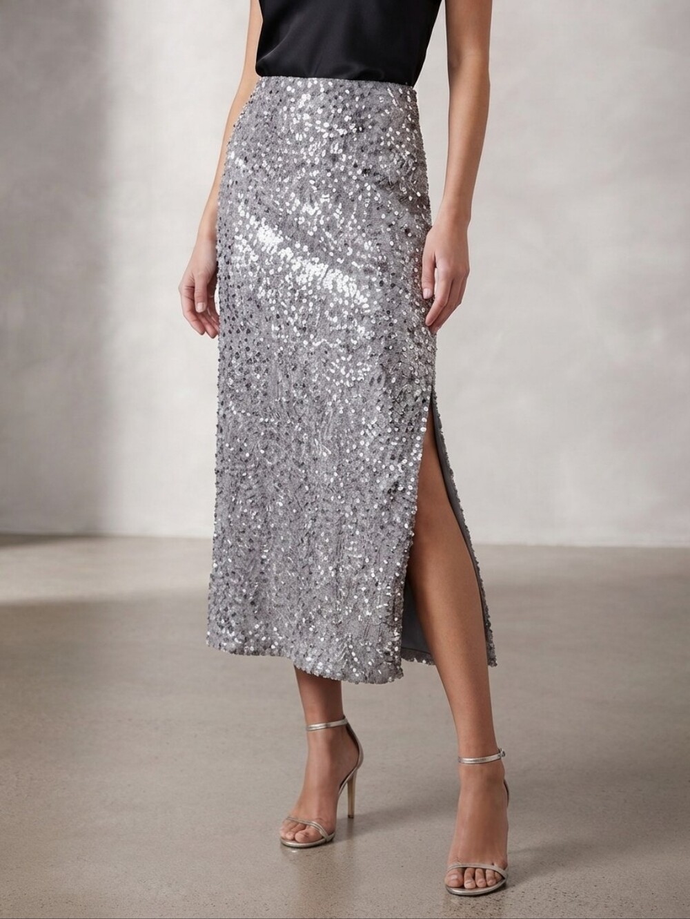 Madden NYC Silver Sequin Velvet Midi Skirt Size L